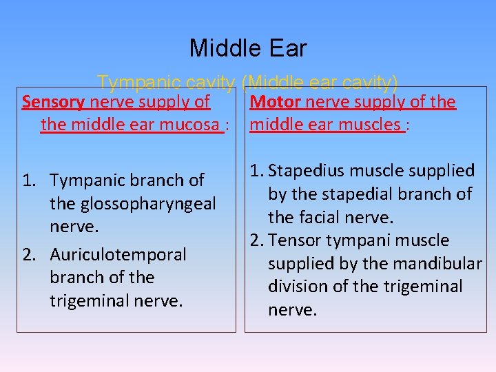 Middle Ear Tympanic cavity (Middle ear cavity) Motor nerve supply of the Sensory nerve