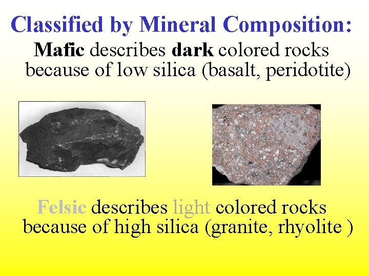 Classified by Mineral Composition: Mafic describes dark colored rocks because of low silica (basalt,