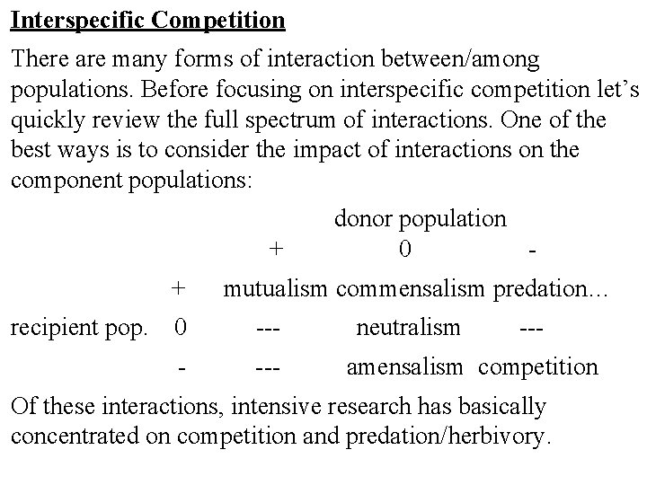 Interspecific Competition There are many forms of interaction between/among populations. Before focusing on interspecific