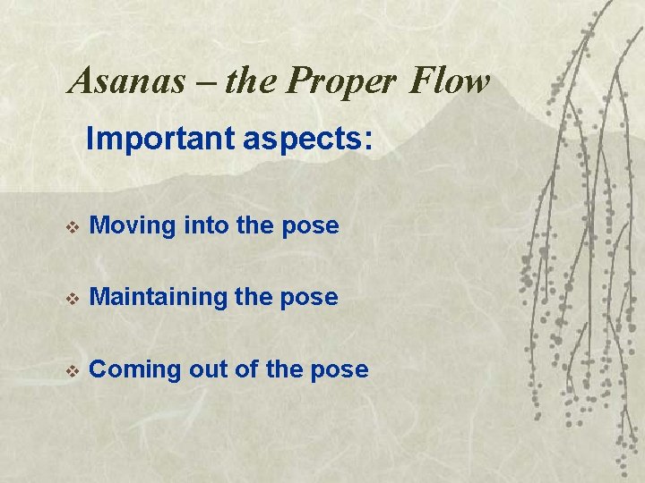 Asanas – the Proper Flow Important aspects: v Moving into the pose v Maintaining