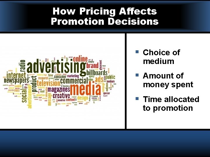 How Pricing Affects Promotion Decisions § Choice of medium § Amount of money spent