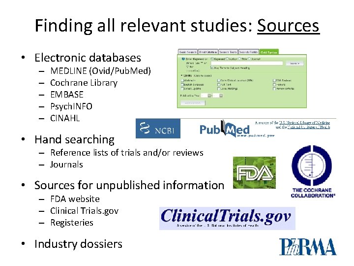 Finding all relevant studies: Sources • Electronic databases – – – MEDLINE (Ovid/Pub. Med)