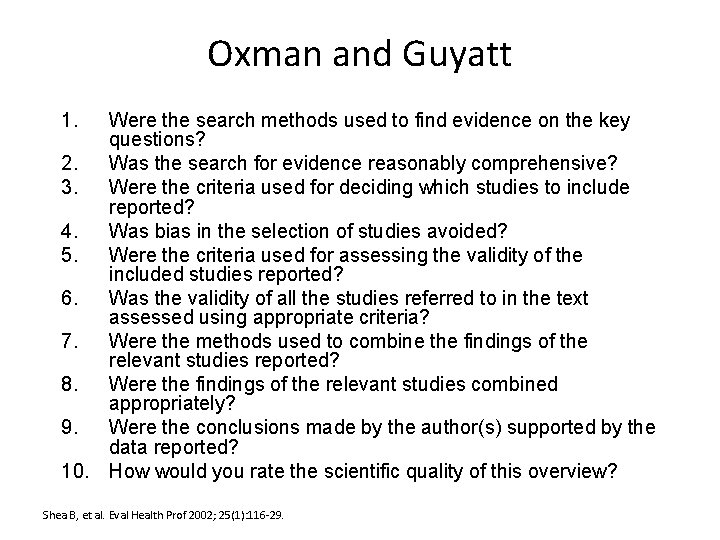 Oxman and Guyatt 1. Were the search methods used to find evidence on the