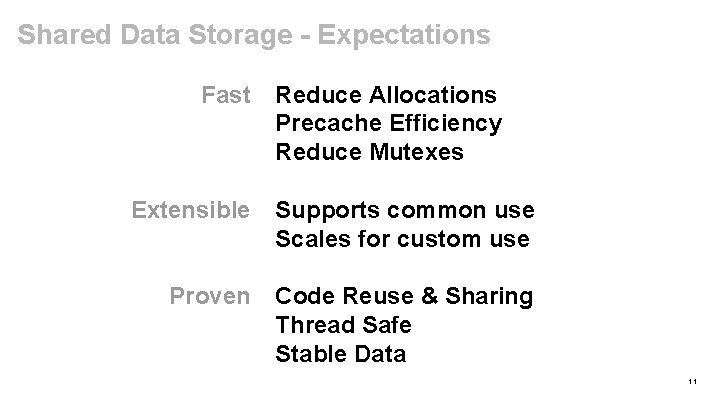 Shared Data Storage - Expectations Fast Reduce Allocations Precache Efficiency Reduce Mutexes Extensible Supports