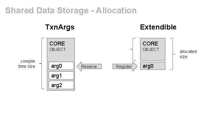 Shared Data Storage - Allocation Txn. Args compile time size Extendible CORE OBJECT arg