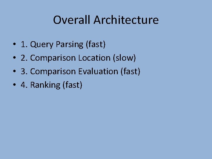 Overall Architecture • • 1. Query Parsing (fast) 2. Comparison Location (slow) 3. Comparison