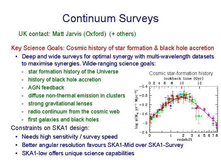 Continuum Surveys UK contact: Matt Jarvis (Oxford) (+ others) Key Science Goals: Cosmic history