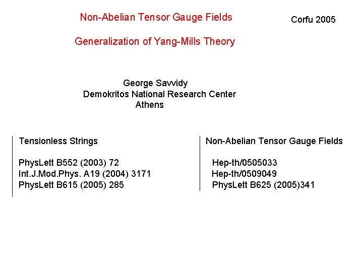 Non-Abelian Tensor Gauge Fields Corfu 2005 Generalization of Yang-Mills Theory George Savvidy Demokritos National