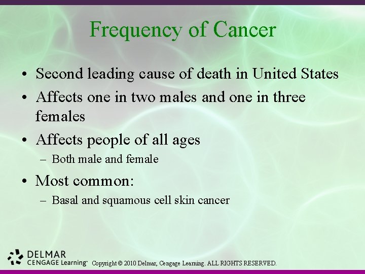 Frequency of Cancer • Second leading cause of death in United States • Affects