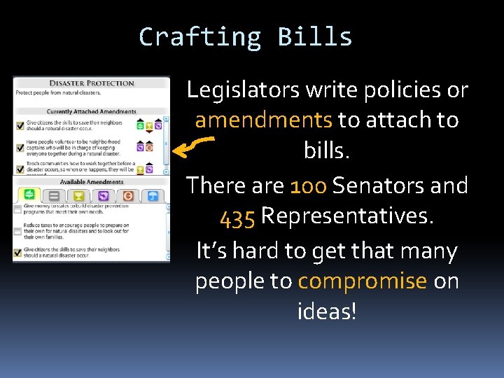 Crafting Bills Legislators write policies or amendments to attach to bills. There are 100