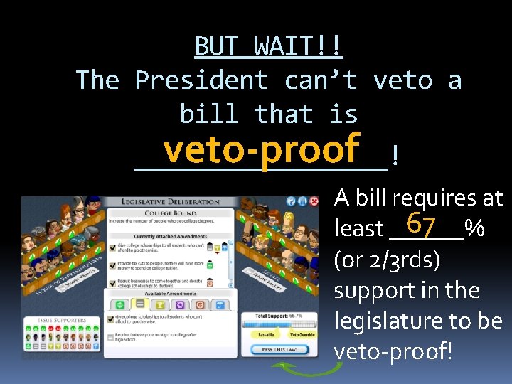 BUT WAIT!! The President can’t veto a bill that is veto-proof _________! A bill