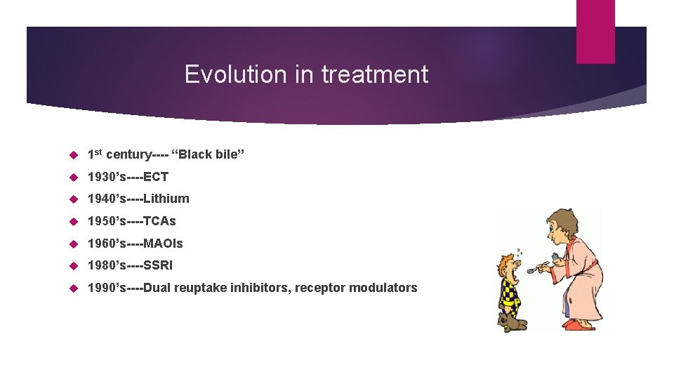 Evolution in treatment 1 st century---- “Black bile” 1930’s----ECT 1940’s----Lithium 1950’s----TCAs 1960’s----MAOIs 1980’s----SSRI 1990’s----Dual