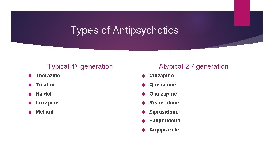 Types of Antipsychotics Typical-1 st generation Atypical-2 nd generation Thorazine Clozapine Trilafon Quetiapine Haldol