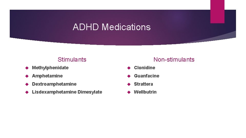 ADHD Medications Stimulants Non-stimulants Methylphenidate Clonidine Amphetamine Guanfacine Dextroamphetamine Strattera Lisdexamphetamine Dimesylate Wellbutrin 