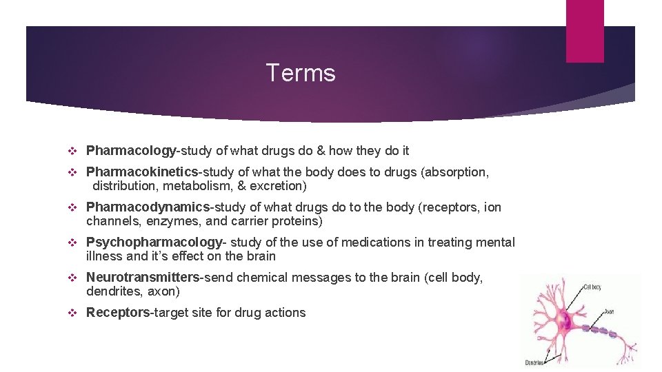 Terms v Pharmacology-study of what drugs do & how they do it v Pharmacokinetics-study