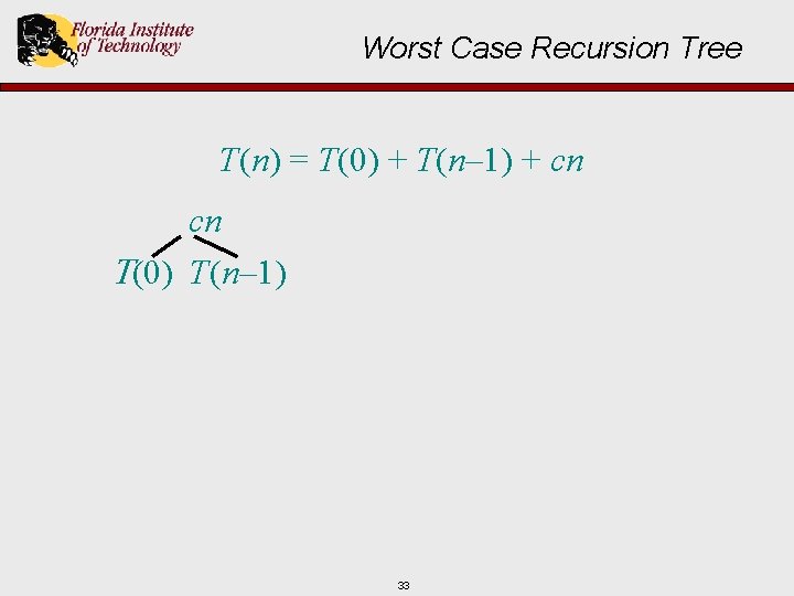 Worst Case Recursion Tree T(n) = T(0) + T(n– 1) + cn cn T(0)