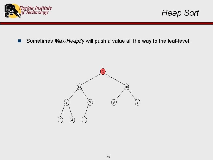 Heap Sort n Sometimes Max-Heapify will push a value all the way to the