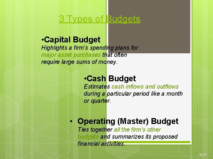 3 Types of Budgets • Capital Budget Highlights a firm’s spending plans for major