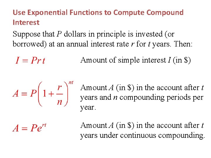 Use Exponential Functions to Compute Compound Interest Suppose that P dollars in principle is