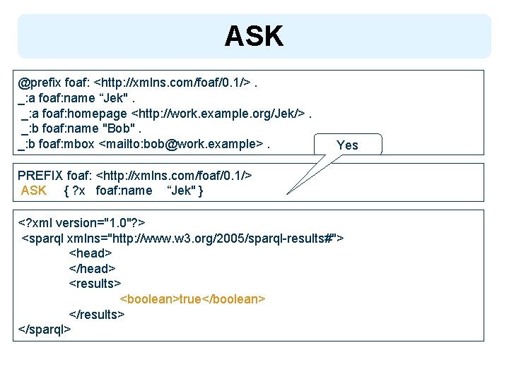 ASK @prefix foaf: <http: //xmlns. com/foaf/0. 1/>. _: a foaf: name “Jek". _: a