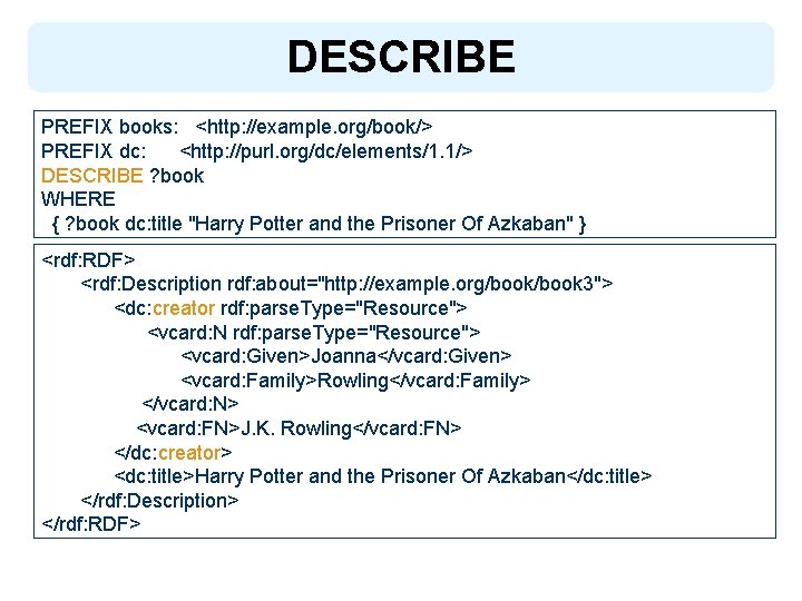DESCRIBE PREFIX books: <http: //example. org/book/> PREFIX dc: <http: //purl. org/dc/elements/1. 1/> DESCRIBE ?