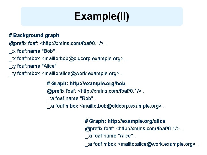 Example(II) # Background graph @prefix foaf: <http: //xmlns. com/foaf/0. 1/>. _: x foaf: name
