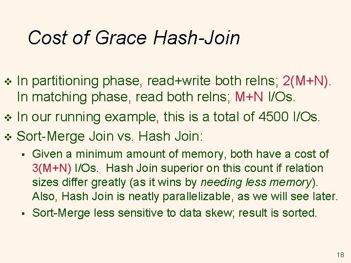 Cost of Grace Hash-Join In partitioning phase, read+write both relns; 2(M+N). In matching phase, Cost of Grace Hash-Join In partitioning phase, read+write both relns; 2(M+N). In matching phase,