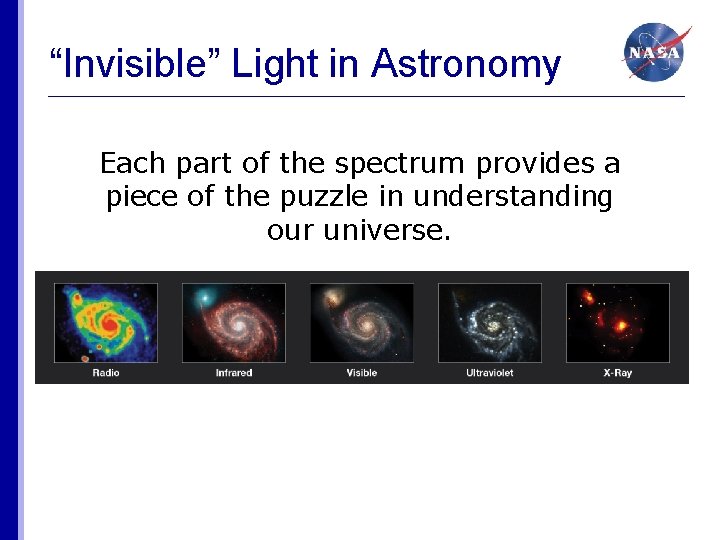 “Invisible” Light in Astronomy Each part of the spectrum provides a piece of the
