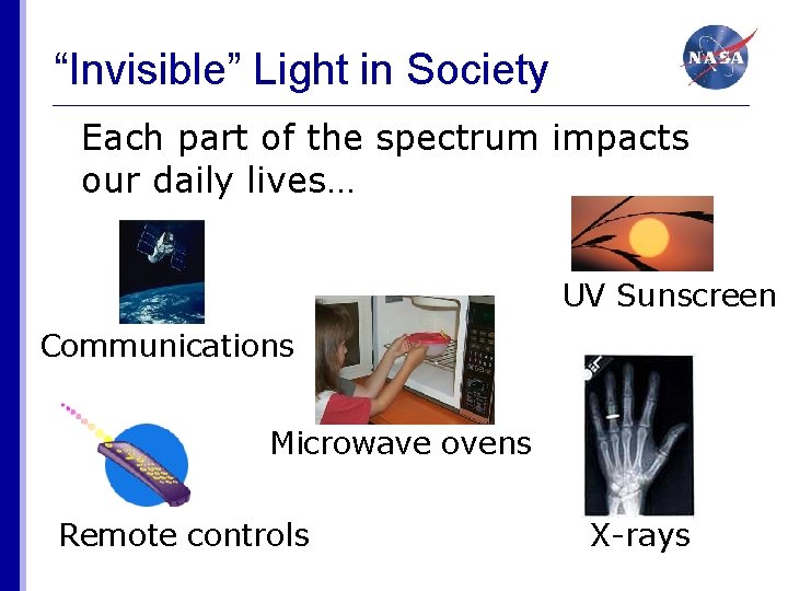 “Invisible” Light in Society Each part of the spectrum impacts our daily lives… UV