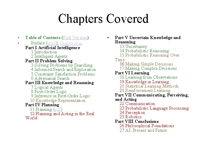 Chapters Covered • • Table of Contents (Full Version) Preface (html); chapter map Part