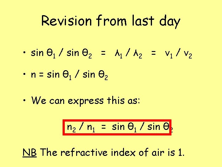 Revision from last day • sin θ 1 / sin θ 2 = λ