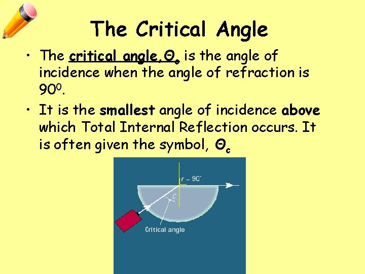 The Critical Angle • The critical angle, Θc is the angle of incidence when