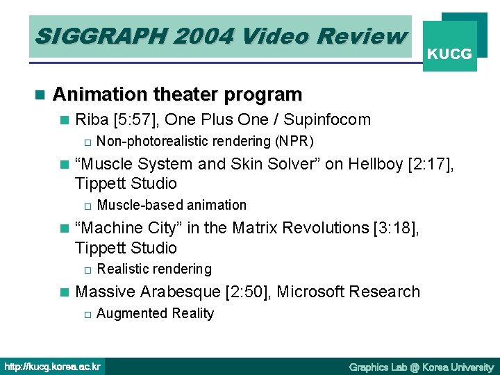 SIGGRAPH 2004 Video Review n KUCG Animation theater program n Riba [5: 57], One