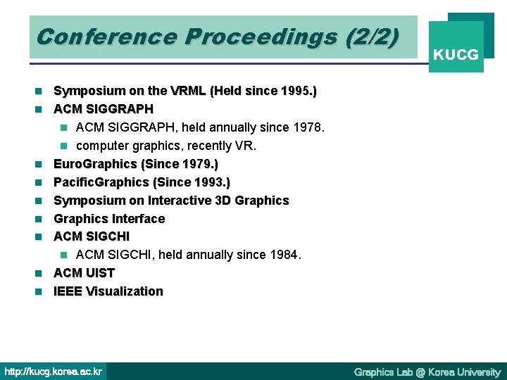 Conference Proceedings (2/2) n n n n n KUCG Symposium on the VRML (Held