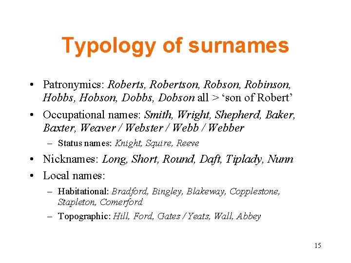 Typology of surnames • Patronymics: Roberts, Robertson, Robinson, Hobbs, Hobson, Dobbs, Dobson all >