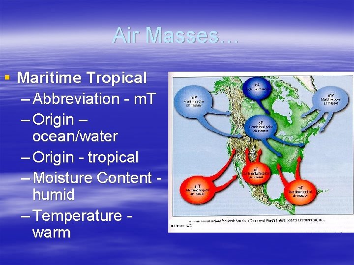 Air Masses… § Maritime Tropical – Abbreviation - m. T – Origin – ocean/water