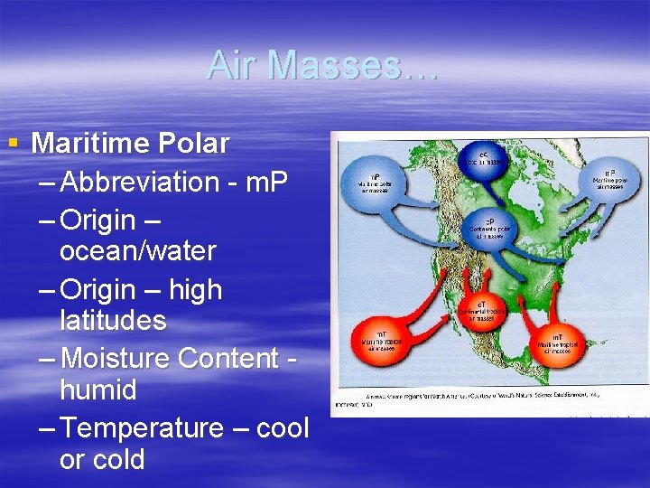 Air Masses… § Maritime Polar – Abbreviation - m. P – Origin – ocean/water