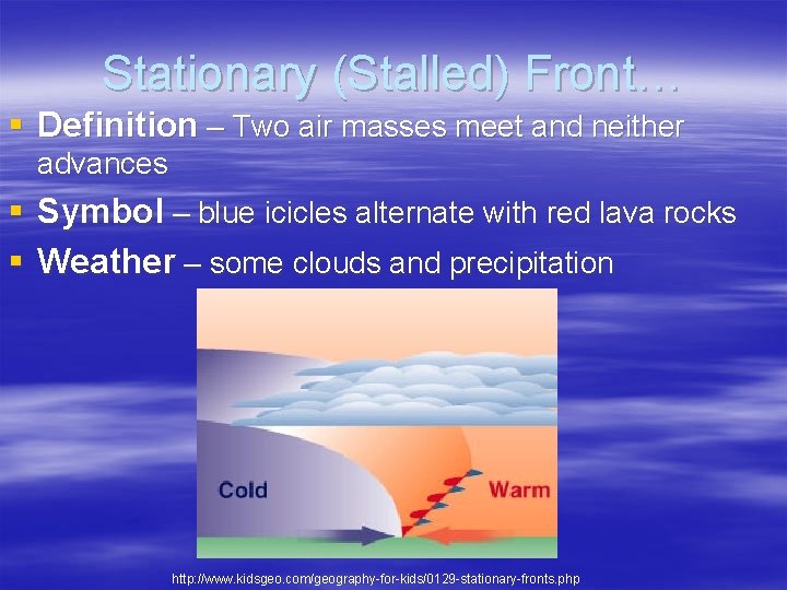 Stationary (Stalled) Front… § Definition – Two air masses meet and neither advances §