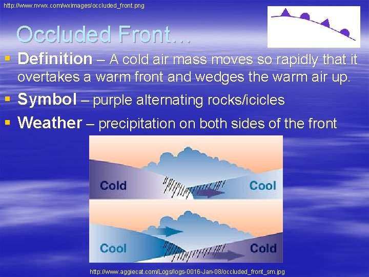 http: //www. nvwx. com/wximages/occluded_front. png Occluded Front… § Definition – A cold air mass