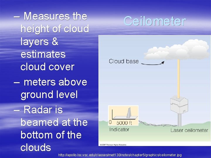 – Measures the height of cloud layers & estimates cloud cover – meters above