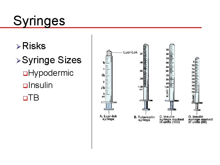 Syringes Ø Risks Ø Syringe Sizes q. Hypodermic q. Insulin q. TB 3 cc