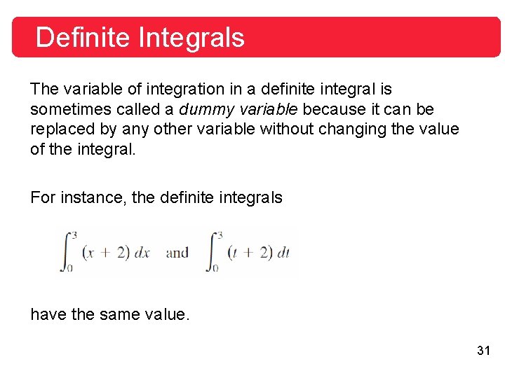 Definite Integrals The variable of integration in a definite integral is sometimes called a