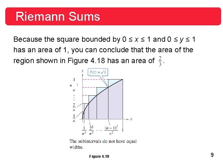 Riemann Sums Because the square bounded by 0 ≤ x ≤ 1 and 0