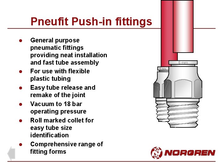 Pneufit Push-in fittings l l l General purpose pneumatic fittings providing neat installation and