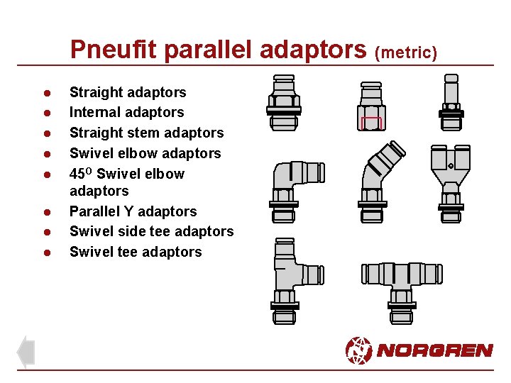 Pneufit parallel adaptors (metric) l l l l Straight adaptors Internal adaptors Straight stem