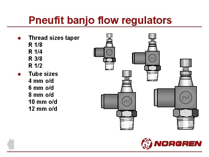 Pneufit banjo flow regulators l l Thread sizes taper R 1/8 R 1/4 R