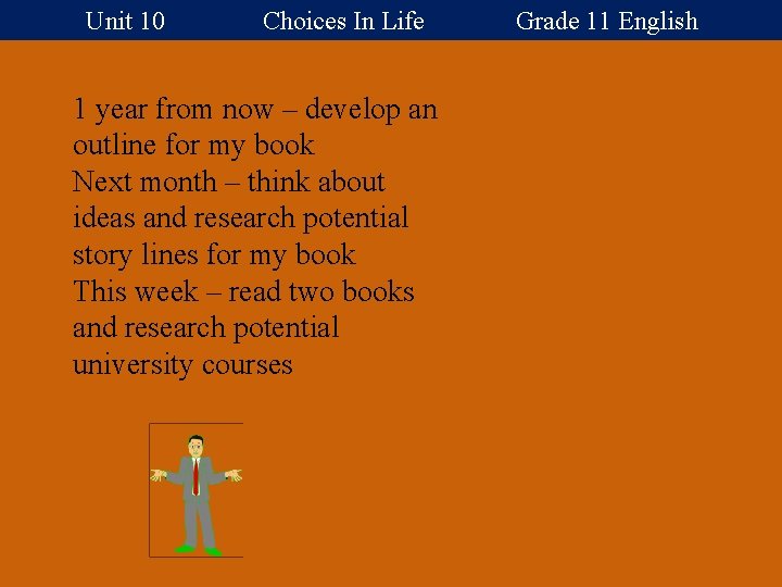 Unit 10 Choices In Life Grade 11 English 1 year from now – develop