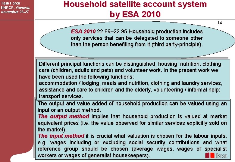 Task Force UNECE- Geneva, november 26 -27 Household satellite account system by ESA 2010