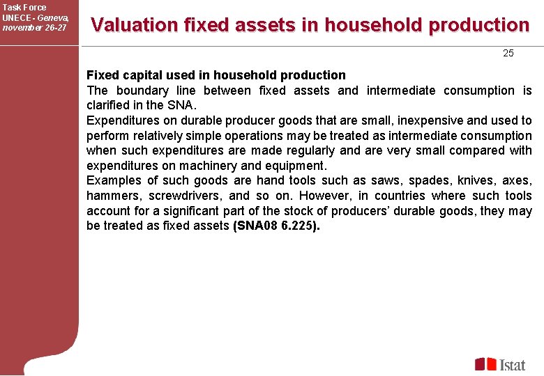 Task Force UNECE- Geneva, november 26 -27 Valuation fixed assets in household production 25