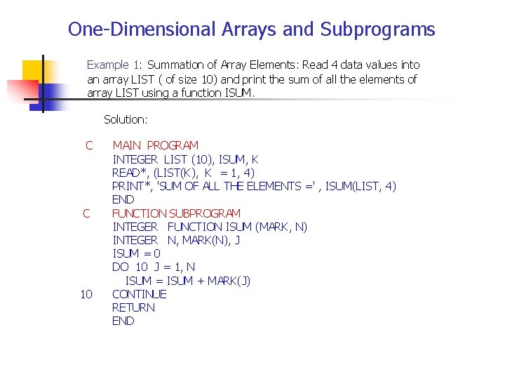 One-Dimensional Arrays and Subprograms Example 1: Summation of Array Elements: Read 4 data values